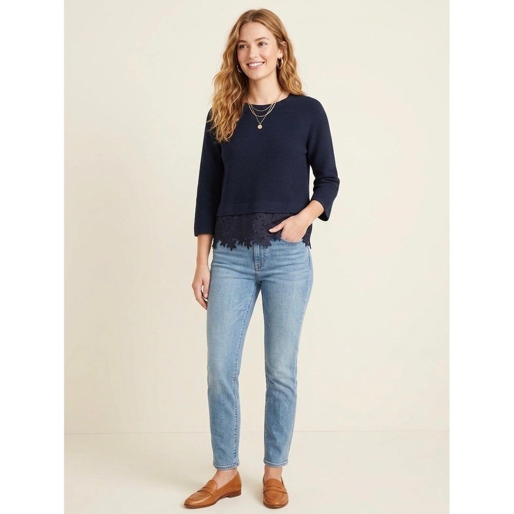 J.Crew Navy Blue Cotton Knit Lace Hem Sweater 3/4 Sleeve Boxy Top RN77388 Small